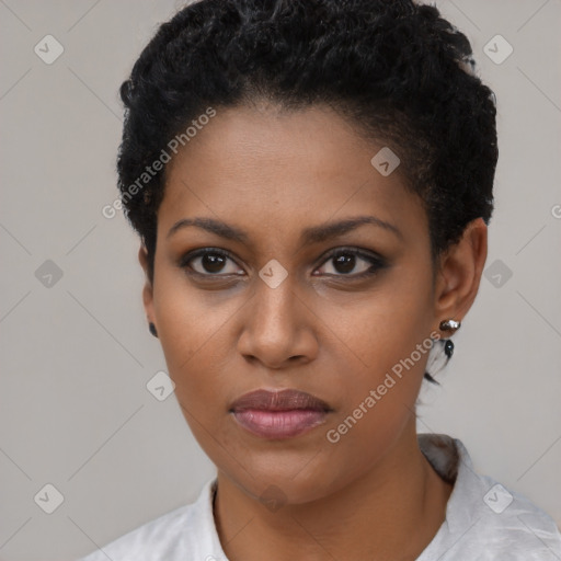 Neutral black young-adult female with short  black hair and brown eyes