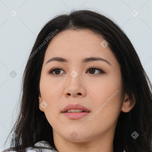 Neutral asian young-adult female with medium  brown hair and brown eyes