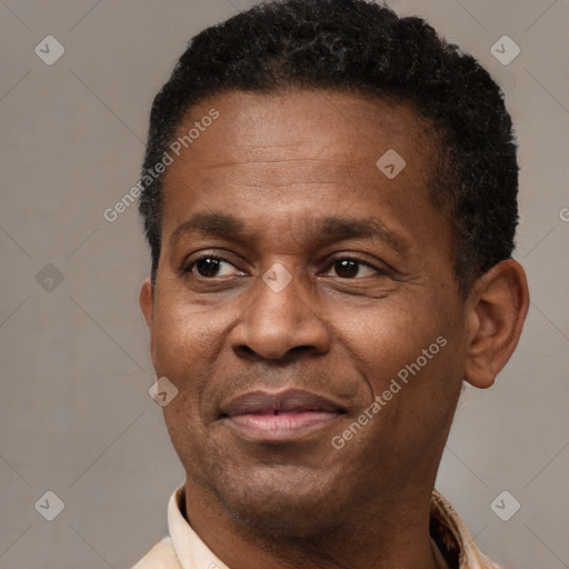 Joyful black adult male with short  black hair and brown eyes