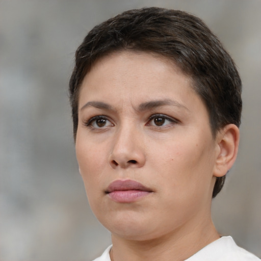 Neutral white young-adult female with short  brown hair and brown eyes