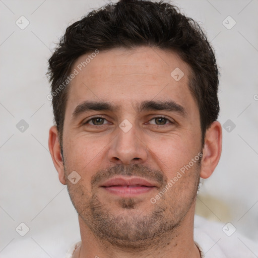 Neutral white young-adult male with short  brown hair and brown eyes