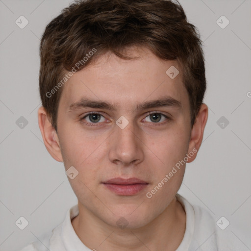 Neutral white young-adult male with short  brown hair and brown eyes