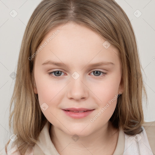 Joyful white child female with medium  brown hair and grey eyes