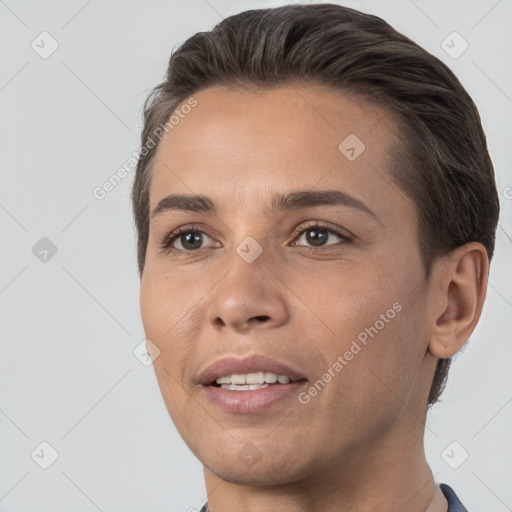 Joyful white young-adult female with short  brown hair and brown eyes