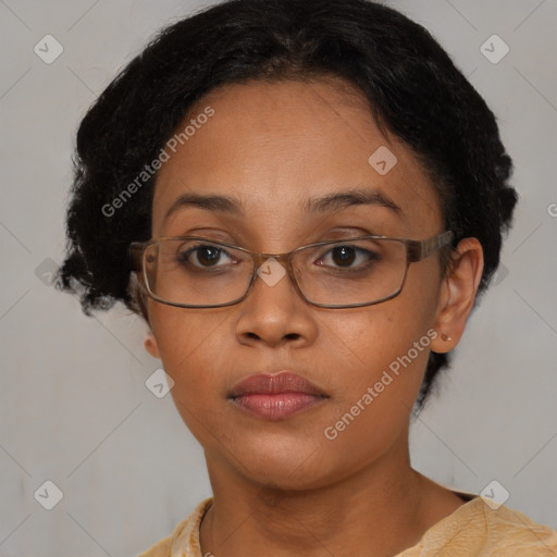 Neutral black adult female with medium  brown hair and brown eyes