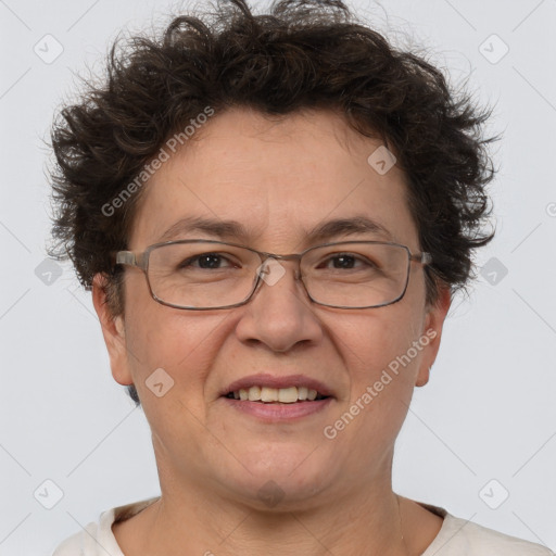 Joyful white adult female with short  brown hair and brown eyes