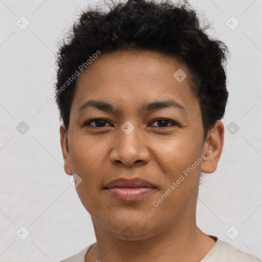 Joyful latino young-adult female with short  brown hair and brown eyes