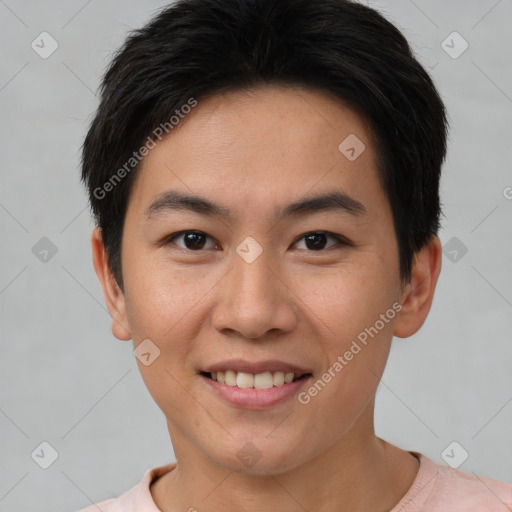 Joyful asian young-adult female with short  brown hair and brown eyes