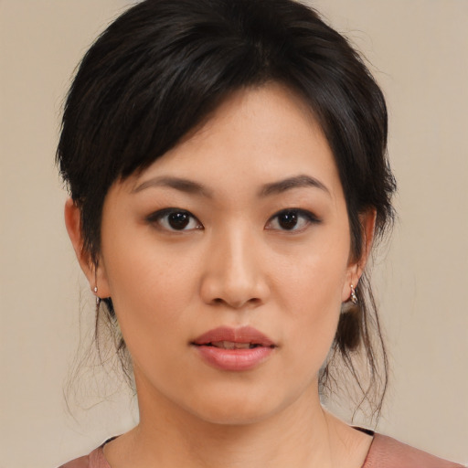 Neutral asian young-adult female with medium  black hair and brown eyes
