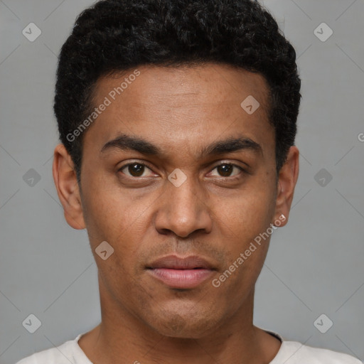 Joyful black young-adult male with short  brown hair and brown eyes