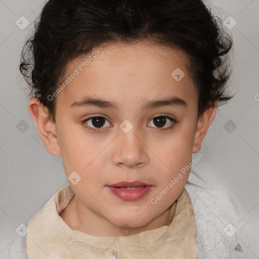 Joyful white child female with medium  brown hair and brown eyes