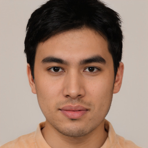 Neutral asian young-adult male with short  black hair and brown eyes