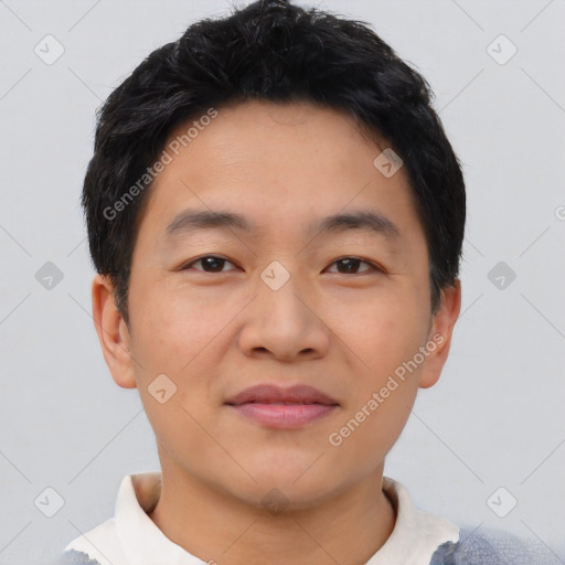 Neutral asian young-adult male with short  black hair and brown eyes