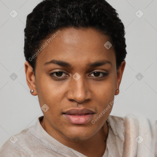 Joyful black young-adult female with short  brown hair and brown eyes