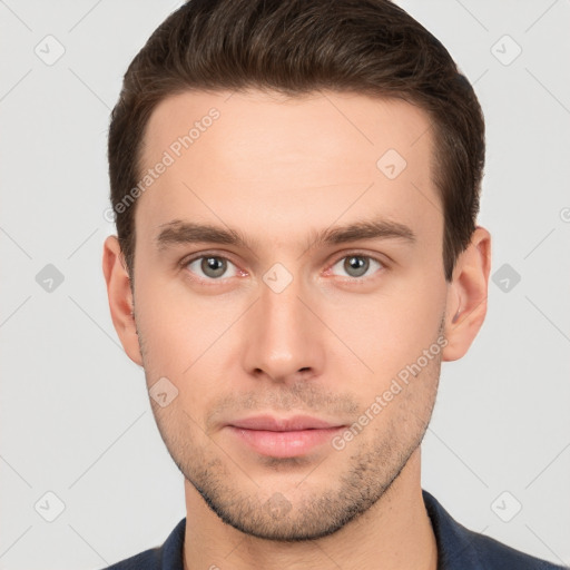 Neutral white young-adult male with short  brown hair and brown eyes