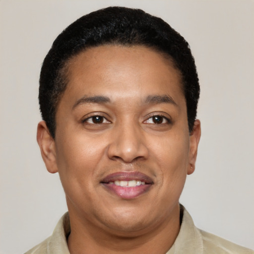 Joyful latino young-adult male with short  brown hair and brown eyes