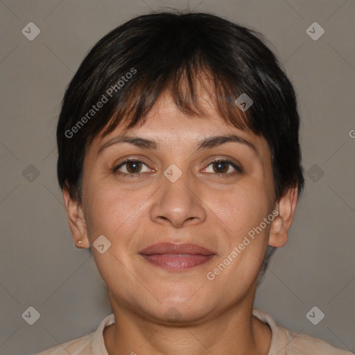 Joyful white adult female with short  brown hair and brown eyes