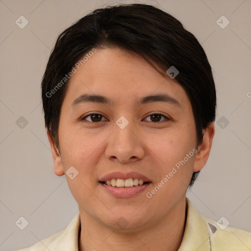 Joyful white young-adult female with short  brown hair and brown eyes