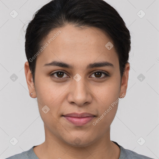 Joyful white young-adult female with short  brown hair and brown eyes