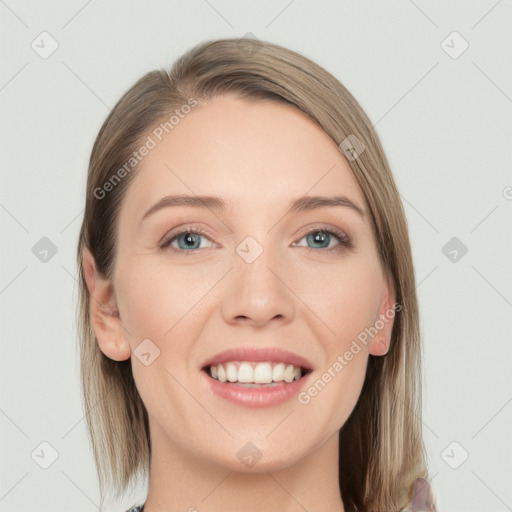 Joyful white young-adult female with long  brown hair and grey eyes