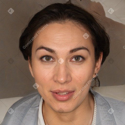 Joyful white adult female with short  brown hair and brown eyes