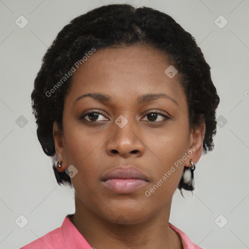 Neutral black young-adult female with short  black hair and brown eyes