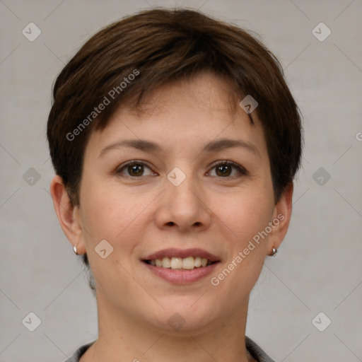 Joyful white young-adult female with short  brown hair and brown eyes