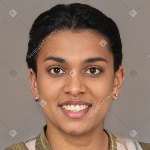 Joyful latino young-adult female with short  brown hair and brown eyes