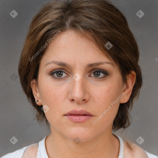 Neutral white young-adult female with medium  brown hair and brown eyes