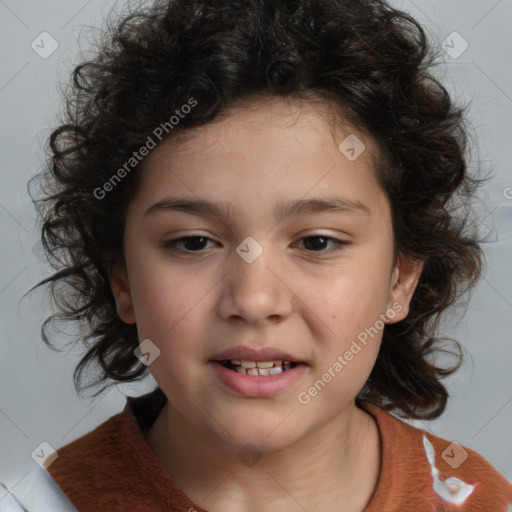 Joyful white child female with medium  brown hair and brown eyes