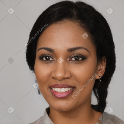 Joyful black young-adult female with medium  black hair and brown eyes