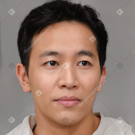 Neutral asian young-adult male with short  brown hair and brown eyes