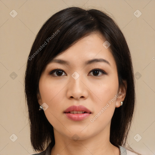 Neutral asian young-adult female with medium  black hair and brown eyes