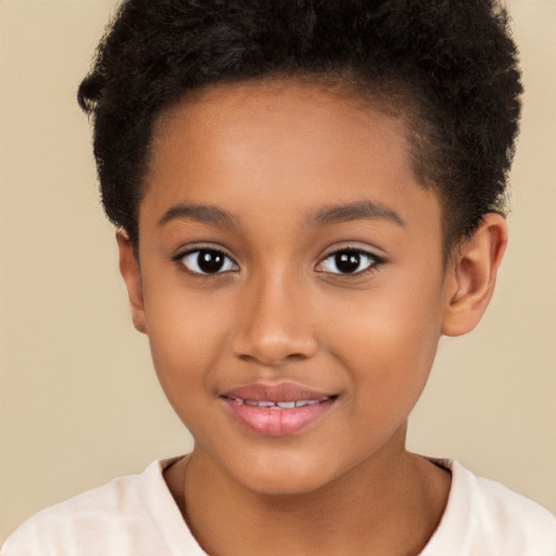 Joyful latino child female with short  brown hair and brown eyes