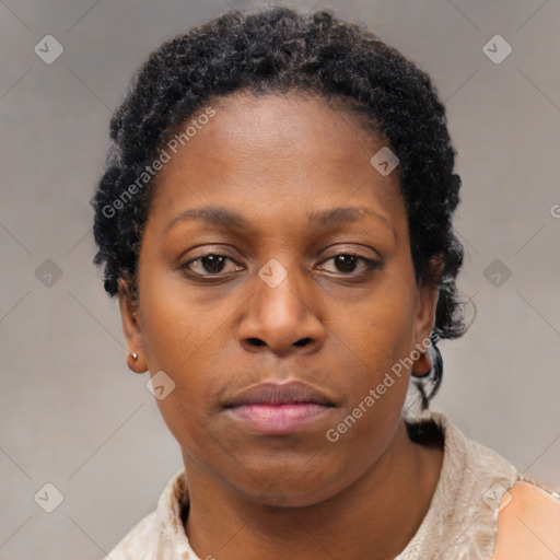 Neutral black young-adult female with short  brown hair and brown eyes