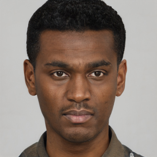 Neutral black young-adult male with short  black hair and brown eyes