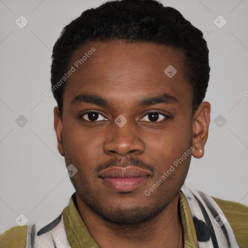 Joyful latino young-adult male with short  brown hair and brown eyes