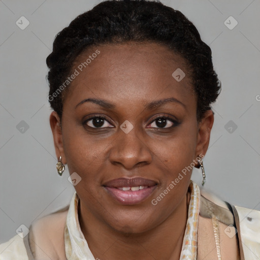 Joyful black young-adult female with short  brown hair and brown eyes