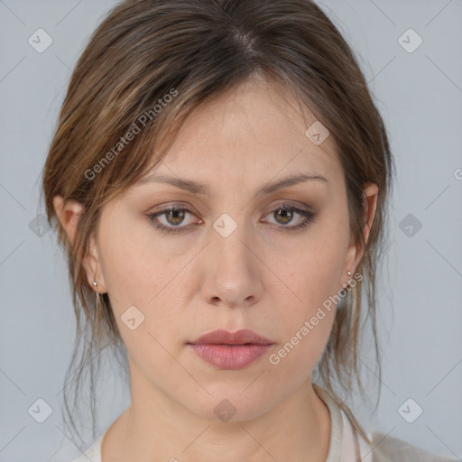 Neutral white young-adult female with medium  brown hair and brown eyes