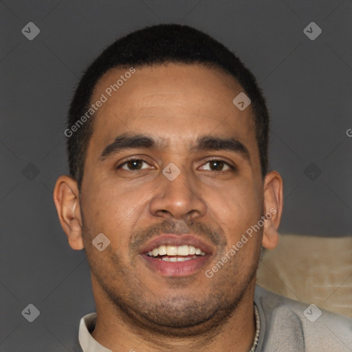 Joyful latino young-adult male with short  brown hair and brown eyes