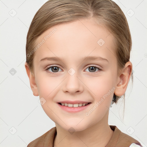 Joyful white child female with medium  brown hair and grey eyes