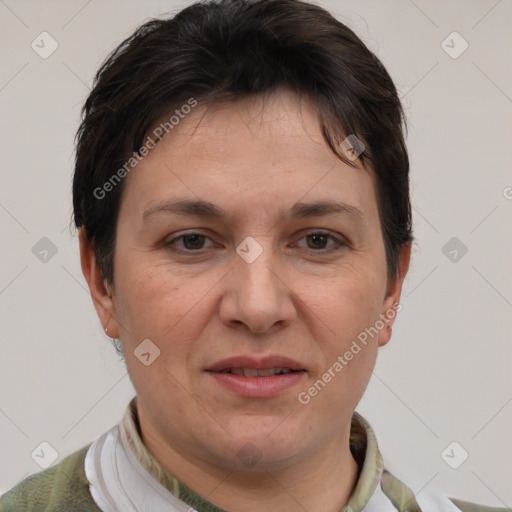 Joyful white adult female with short  brown hair and brown eyes