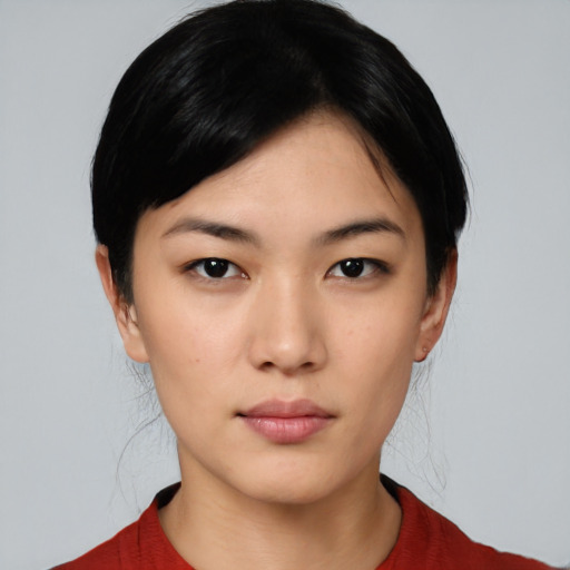 Neutral asian young-adult female with short  black hair and brown eyes