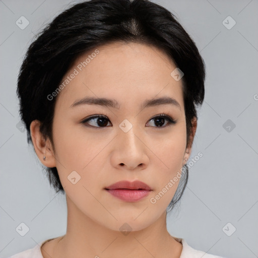 Neutral asian young-adult female with medium  black hair and brown eyes