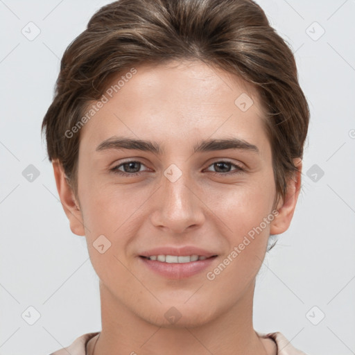 Joyful white young-adult female with short  brown hair and grey eyes