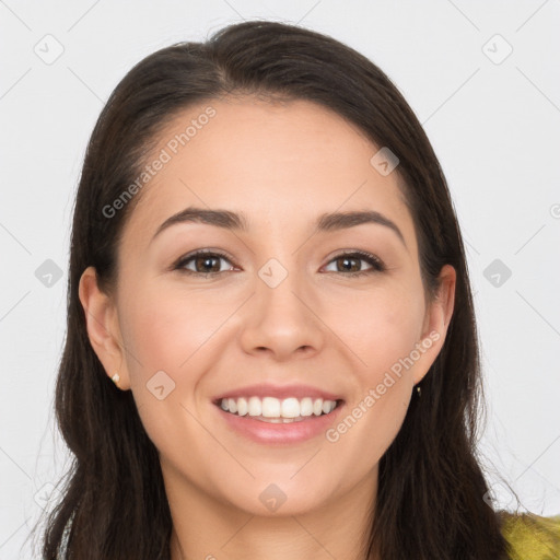 Joyful white young-adult female with long  brown hair and brown eyes