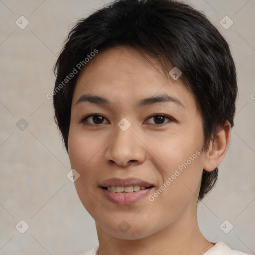 Joyful white young-adult female with medium  brown hair and brown eyes