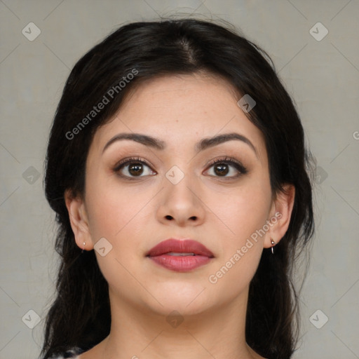 Neutral asian young-adult female with medium  brown hair and brown eyes