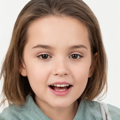 Joyful white child female with medium  brown hair and brown eyes