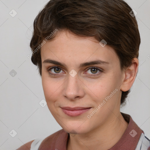 Joyful white young-adult female with medium  brown hair and grey eyes